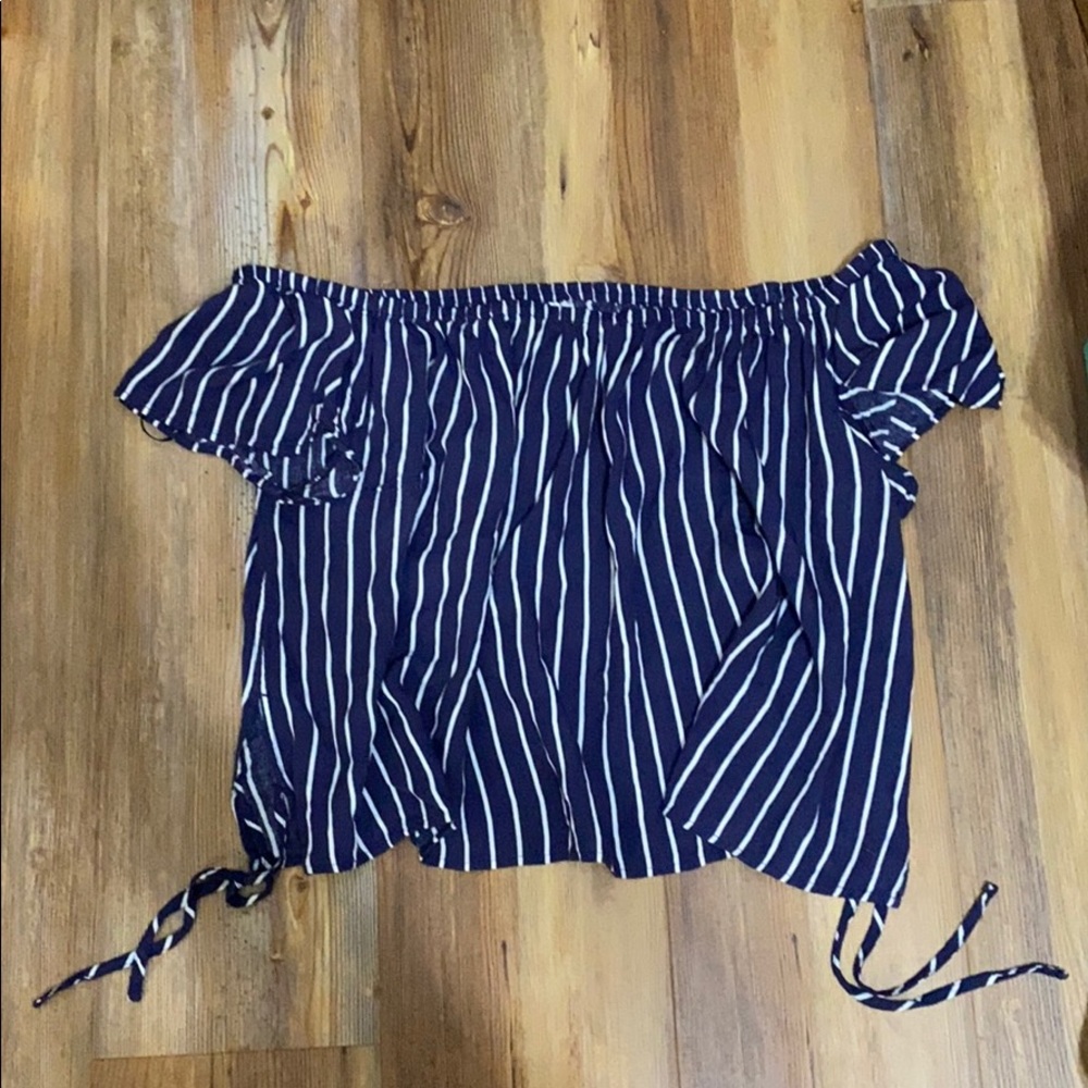 Blue and white striped off the shoulder shirt